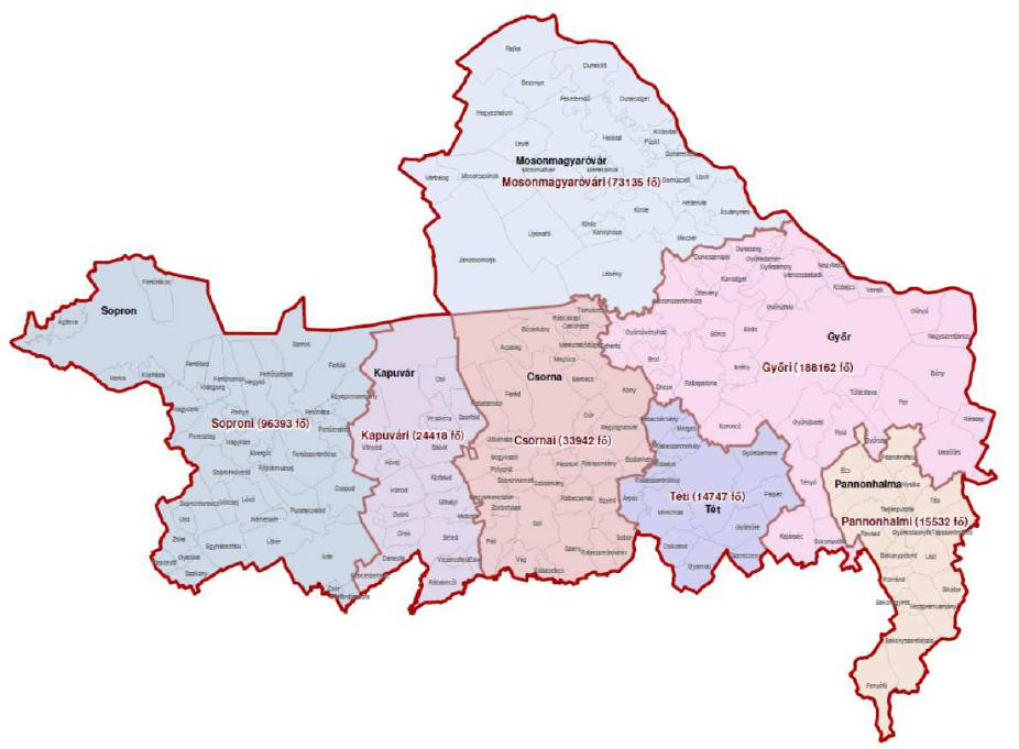 Kunsziget településfejlesztési koncepció 6 A fenti ábrán Győr-Moson-Sopron megye járásai láthatók 2013-tól, Kunsziget a megyében legnépesebb járáshoz, a győri járáshoz tartozik (188162 fő).