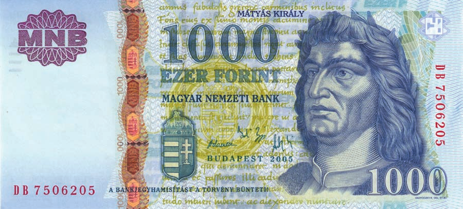 1000 Forint - többszínû, az összhatás kék, vízjeles fehér papíron /mehrfarbig, blaue Gesamtwirkung, auf wasserzeichnetem, weissem Papier/ multi-coloured, the general effect is blue, on watermarked