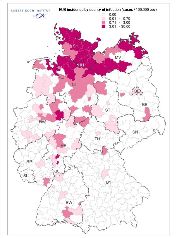 HUS incidencia Németországban 2006-2010 Évente, átlagosan13 HUS (< 1) 2011 ~3 hónapon belül 842 HUS 5 északi tartományban az incidencia 1,8-10 között, 16 egyéb tartományban < 1 HUS szövődmény a
