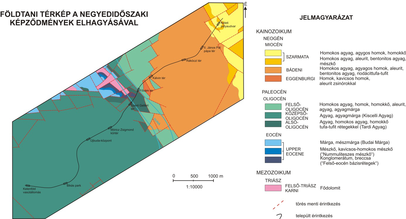 3.4. ábra A budapesti 4-es metró vonal földtani térképe a negyedidőszaki képződmények elhagyásával (Raincsákné et al.