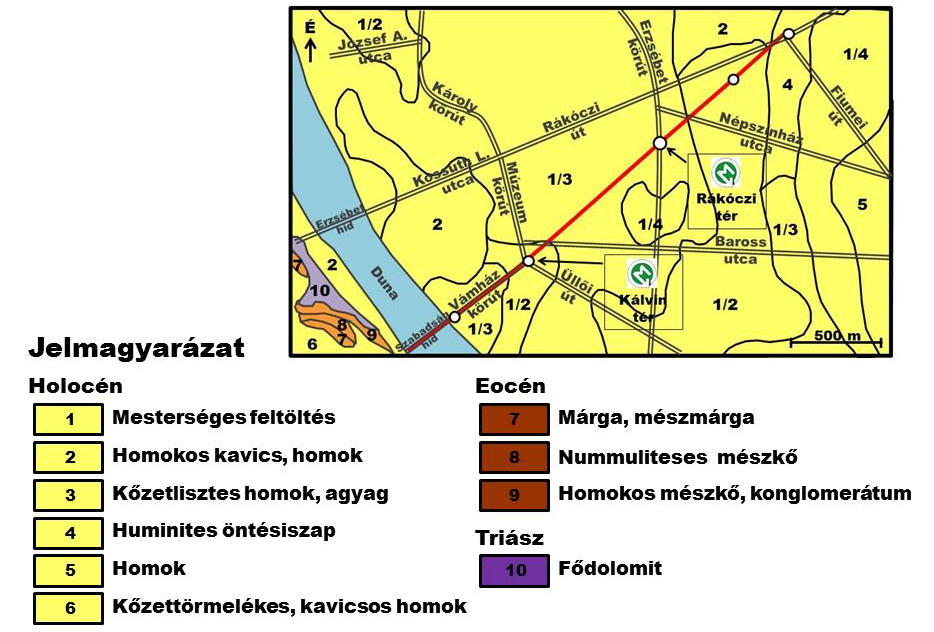 3.6. ábra A nyomvonal pesti szakaszának fedett földtani térképe (Kisdiné Bulla et al.