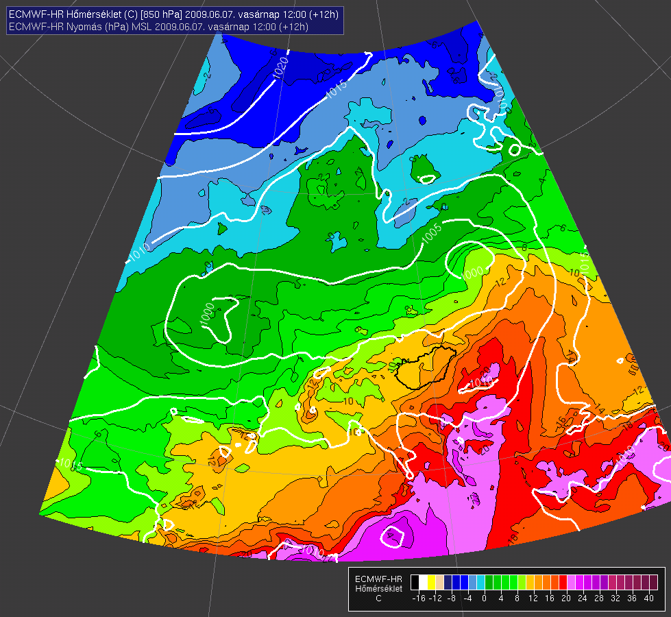 46. ábra. 2009. 06. 07. 00 UTC háromközpontú cikloncsalád Európa felett (www.met.hu). 47. ábra. Talajnyomás (hpa) és a 850 hpa-os szint hőmérséklete ( C), ECMWF 4, 2009. 06. 07. 12 UTC.
