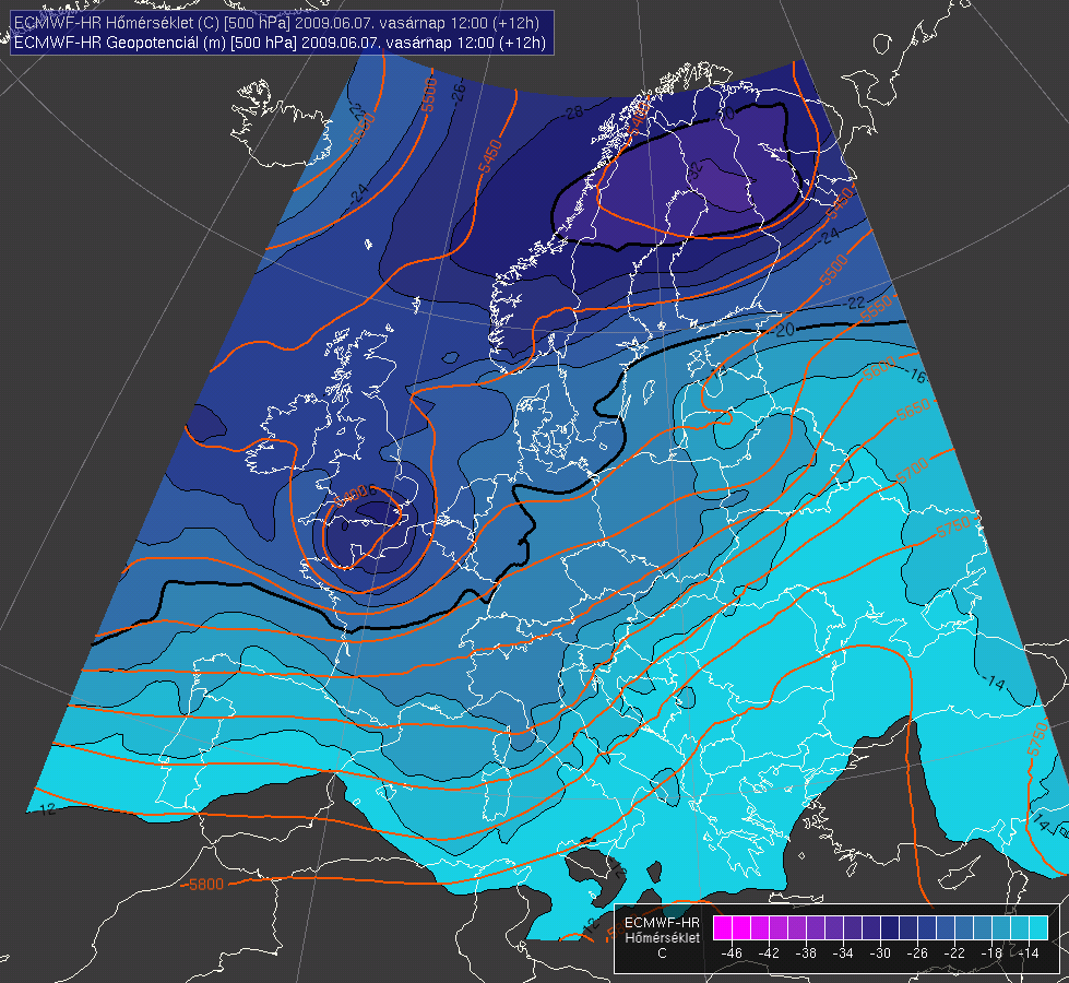 48. ábra. 500 hpa-os geopotenciál (gpm) és hőmérséklet( C), ECMWF, 2009. 06. 07. 12 UTC.