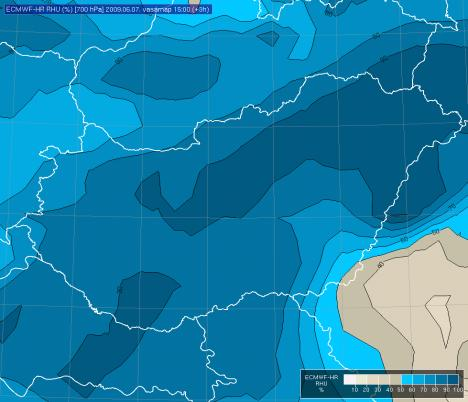 51. ábra. 850 hpa-os relatív nedvesség (%), ECMWF, 2009. 06. 07. 12-15 UTC.