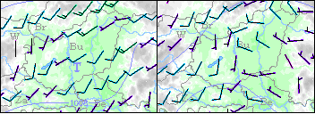 51. ábra. 2009. 06. 07. 12 UTC 18 UTC 10 méteres szél (m/s) (www.wetter3.de).