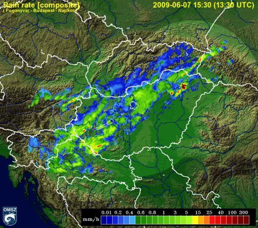 15:30-kor érte el a Nyírséget, ekkor már közel 200 mm/h csapadékintenzitást mértek a radarok, s mire elérte a zivatar az országhatárt, kétszer akkora lett a kiterjedése, mint mikor belépett a Nyírség