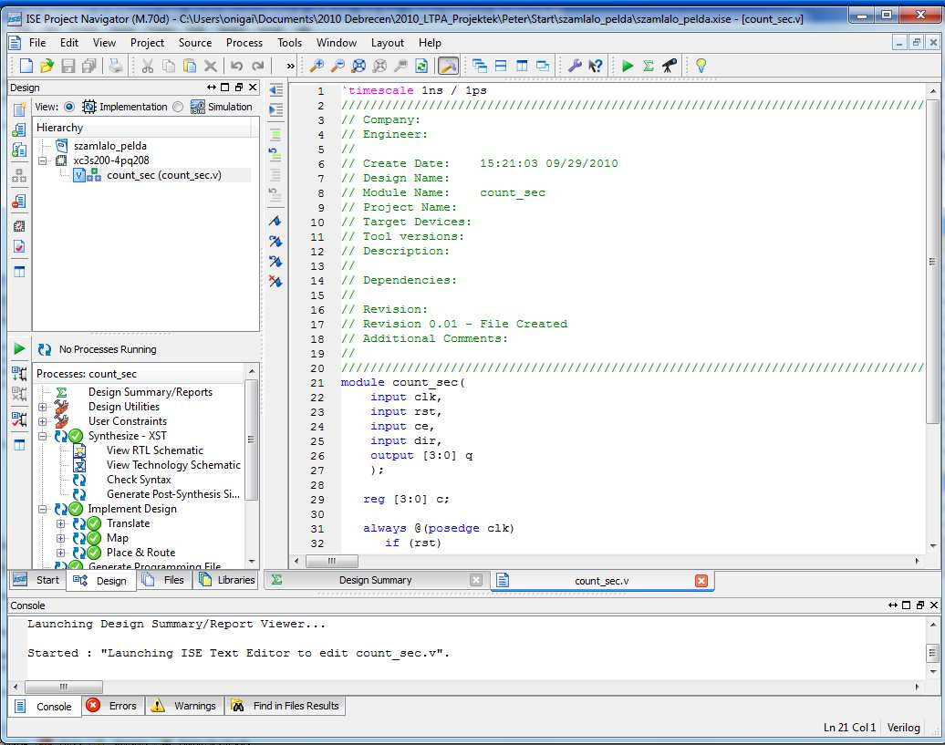 Xilinx ISE bemutatása Sources window (források) Munka ablak