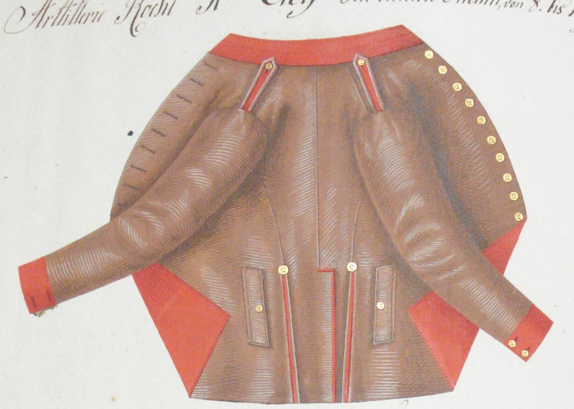 2.Kabát A kabát hossza 1798-tól változott, szűkebb és rövidebb lett, mint az eddigi. A tüzérségnél használatos kabát szabása azonos a sorgyalogságnál leírtakkal, de egységesen kávébarna színű.