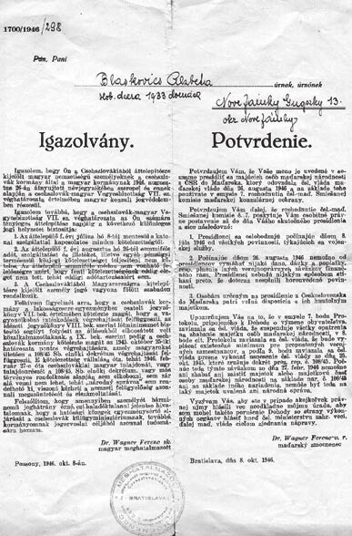 A fehérlap. Áttelepítési igazolvány, 1946 letartóztatása, internálása és áttoloncolása Magyarországra. Csehszlovák adatok szerint 1945. június végéig 31.
