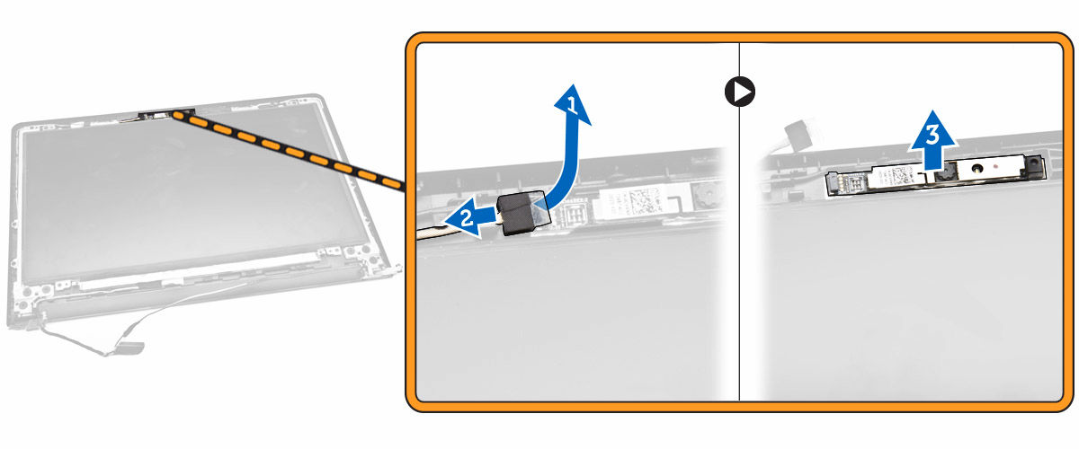 b. Csatlakoztassa le a kamerakábelt a kameráról [2]. c. Távolítsa el a kamerát a kijelzőszerkezetről [3]. A kamera beszerelése 1. A kamerát helyezze a kijelzőszerkezetre. 2.