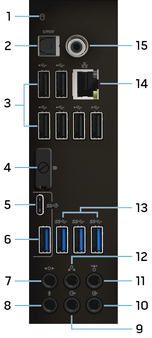 Hátsó panel 1 Merevlemez-meghajtó üzemjelzője Akkor világít, amikor a számítógép olvas vagy ír a merevlemez-meghajtón.