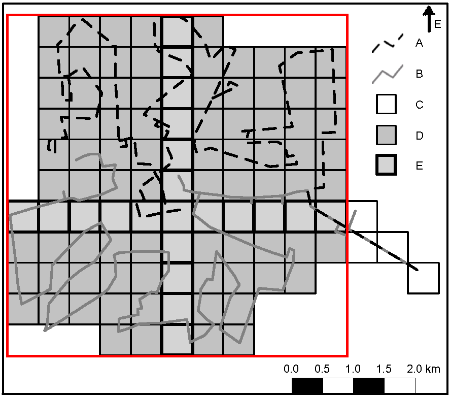 1 ábra Az adatgyűjtés területe és az alkalmazott 0,5x0,5 km-es négyzetháló, valamint (a) É-i terület, (b) D-i terület, (c) átfedési zóna, (d) É-i mérési útvonal, (e) D-i mérési útvonal és (f) a