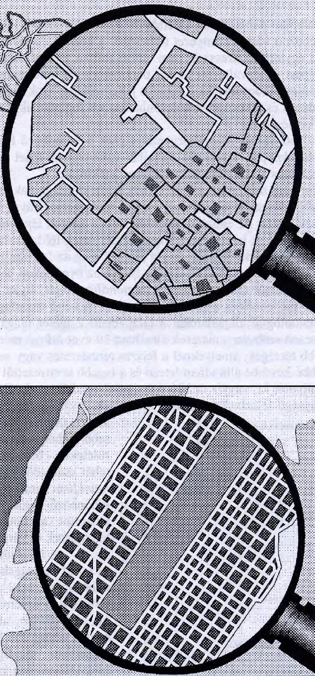 2.1.1 ábra Jellegzetes városalaprajzok: arab-iszlám - Fez (fent) és amerikai New York (lent) (Mézes, 1995) A világ egyes területein a geometria szabályai tükröződnek vissza a derékszögű háztömbökben