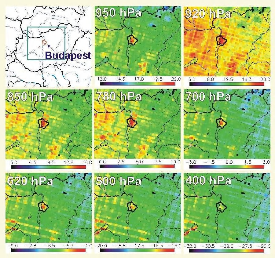 2006) (8.5.1. ábra). Az ábrán jól látható Budapest felett a hősziget megjelenése a troposzféra alsó felében. 8.5.1. ábra A hőmérsékleti mező Magyarország felett 8 geopotenciál szintjében. 2005.