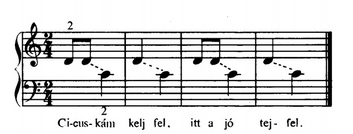 4. ábra: Bichord hangkészletű népdal váltott kézzel (5. old.) b.) pentachord, pentaton népdalok (6. oldalon 4 darab, illetve 2, 4, 6, 8, 16, 18, 20, 22 sz.