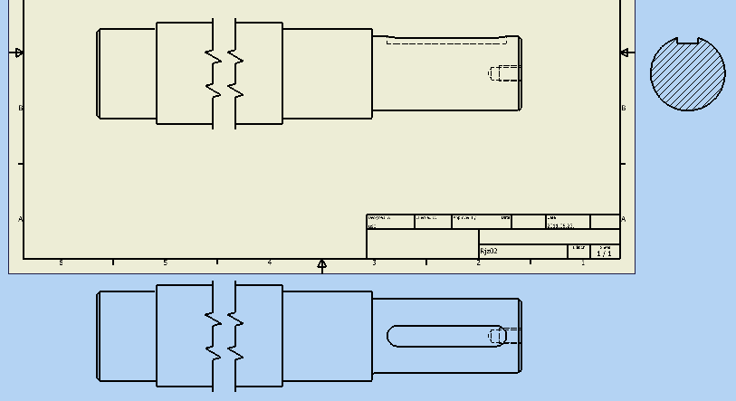 Rajz02 Alkatrészrajz készítése 5 Inventor2010 8) Készítsen kitörést a reteszpályát tartalmazó tengelycsonkon, hogy a reteszpálya, illetve a tengelyvég furat metszetben látszódjon.