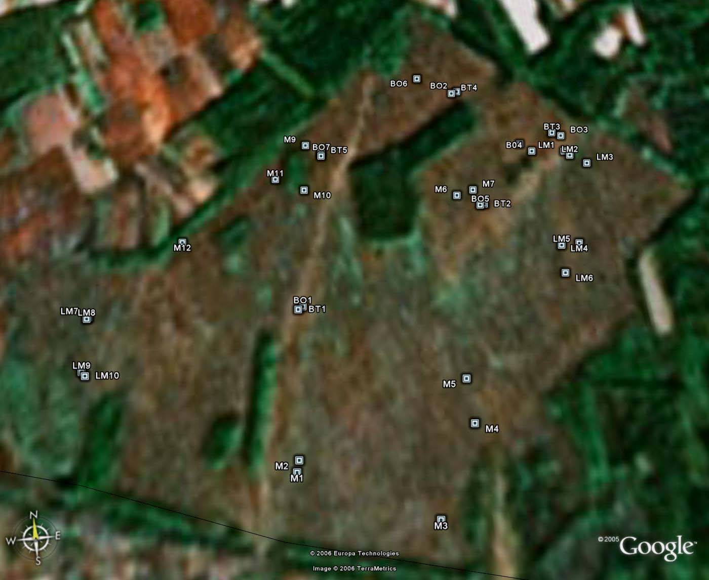 1. ábra: A vizsgálati kvadrátok elhelyezkedése a hajdúbagosi Nagy-nyomás legelőn Forrás: saját szerkesztés Google Earth szoftverrel BT: buckatető; BO: buckaoldal; M: mélyebb fekvésű térrész; LM: