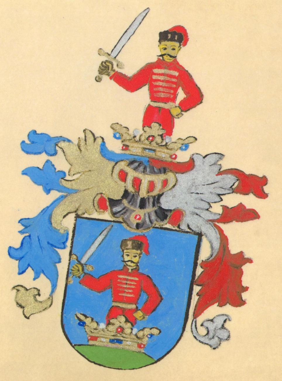 Címerük: kék mezőben, zöld halmon, arany színű, piros-fehér-kék kövekkel ékesített, leveles nemesi koronából kinövő piros ruhás, arany zsinóros és deréköves, bal karját csípőre tévő, jobb karjában