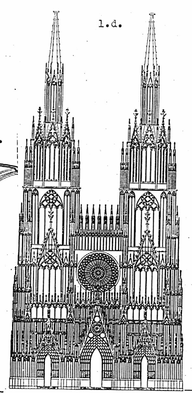 Köln, székesegyház (1248-1322), alaprajz, metszet és szerkesztőháló, homlokzati részlet.