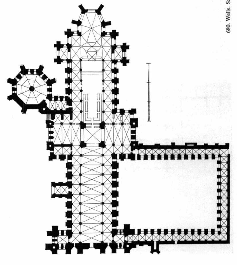 Wells, székesegyház (1320-1368), alaprajz, belső kép. Késő gótika (Perpendicular Style): 1350-1550 között Anglia a késő-gótikus fejlődés példaképe, szerkezet-alakítása, térformálása iskolát teremtett.