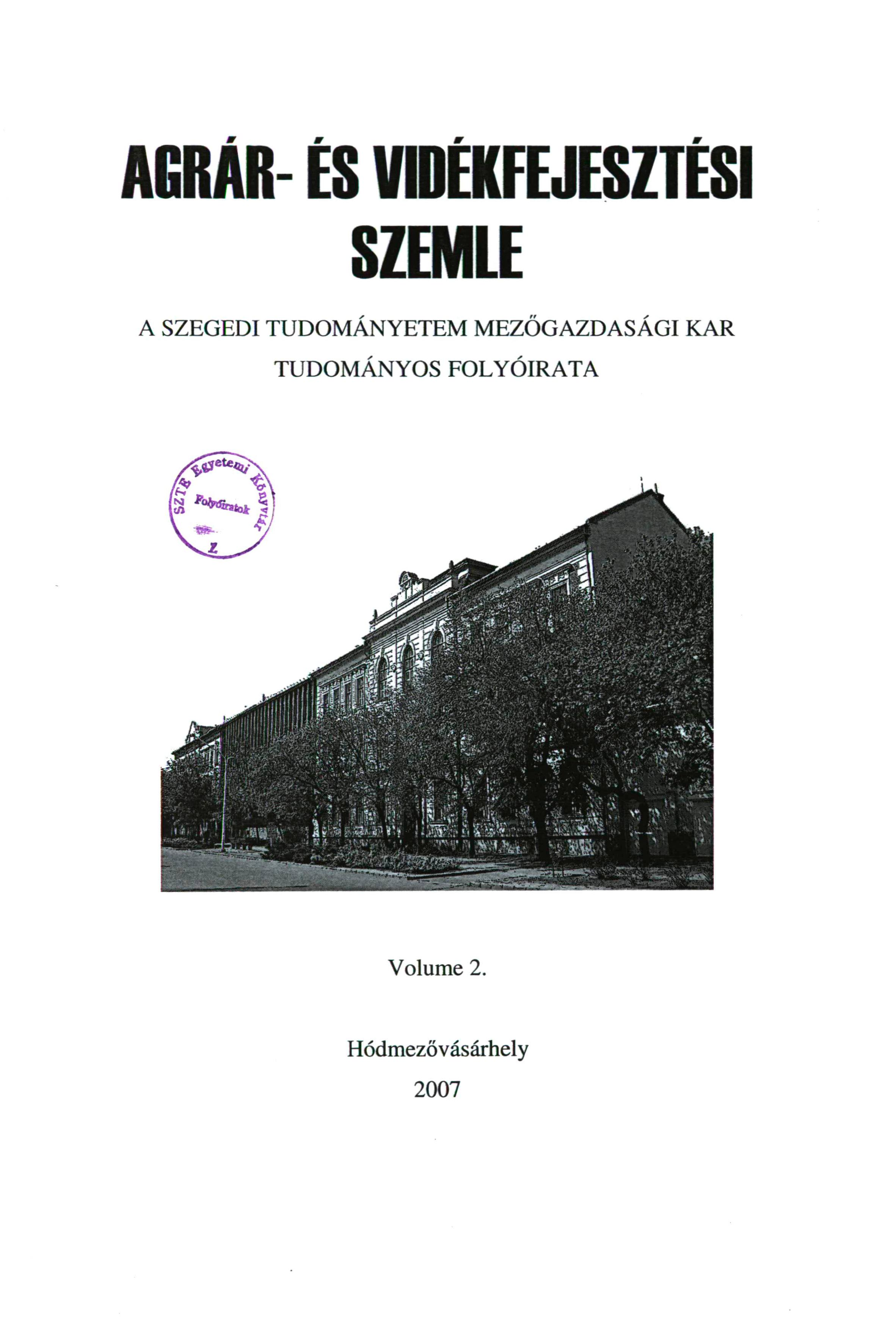 AGRAR- ES VDEKFEJESZTESI SZEMLE A SZEGEDI TUDOMÁNYETEM