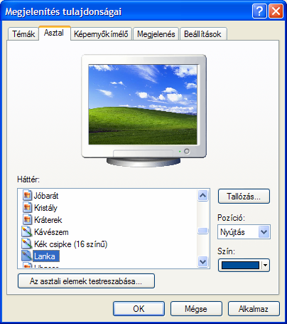 Az ablak második, Asztal fülén a képernyő hátterében látható képet módosíthatjuk. Választhatunk olyan képet is háttérként, amely nem szerepel a listában.