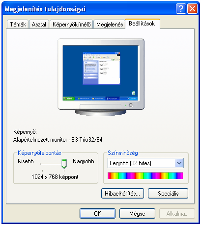 Általában 800x600 (Vagyis 800 oszlop és 600 sor alkotja a képet.) illetve 1024x768 képpontot jelenítünk meg a monitorunkon. A képernyőfelbontást mindig az adott feladathoz érdemes igazítani.