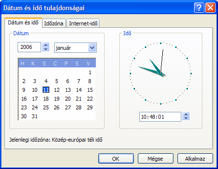 A megjelenő ablak bal oldalán a dátumot, jobb oldalán az időt állíthatjuk be. Kattintsunk az évszámra és gépeljük át, vagy használjuk a léptető gombokat a módosításhoz.