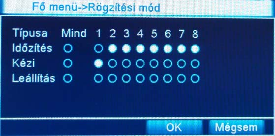 Ez az ablak a Főmenün keresztül is elérhető: Időzítés: az időzítésnek megfelelően történik a rögzítés Kézi: kiválasztva folyamatos rögzítés indul el az adott