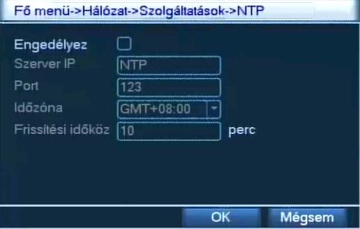 4.6.2 NTP A DVR képes az interneten keresztül egy tetszőlegesen beállított időszerverhez csatlakozni és a belső rendszeridőt az alapján frissíteni.