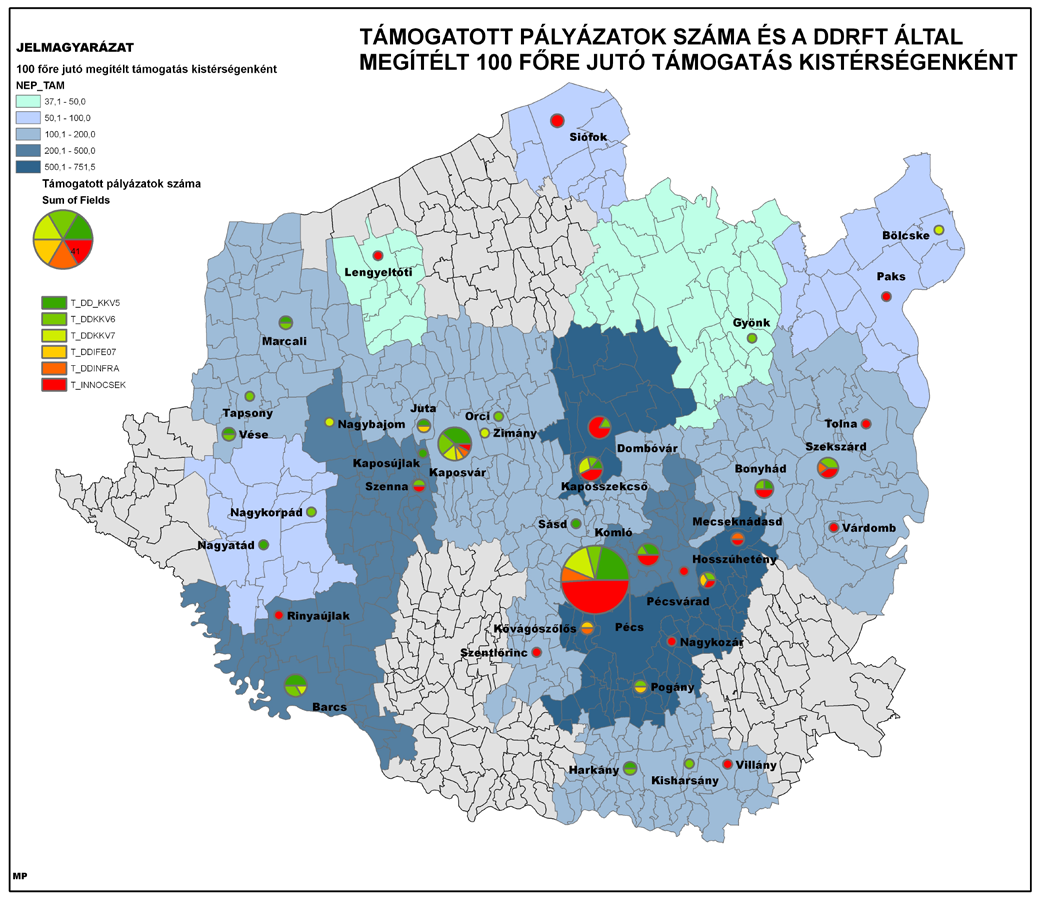Az Innovációs Alap hatása a Dél-Dunántúl vállalkozásainak innovációs potenciáljára 4. ábra: Megítélt BGP támogatások településenként (DDR, 2005-2008) Forrás: DDRIÜ Nonprofit Kft. adatai alapján szerk.