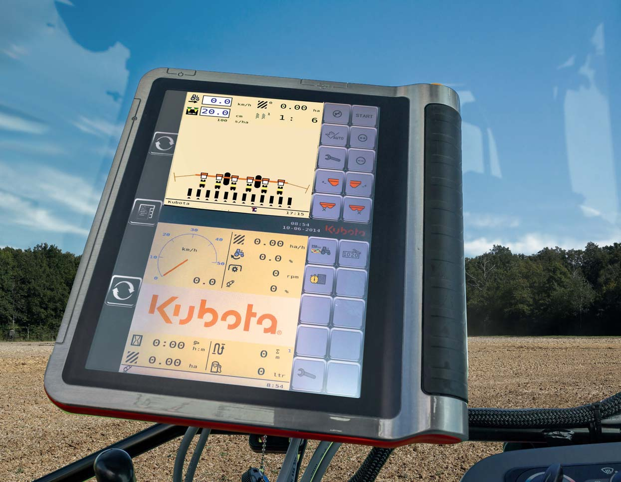 ELEKTRONIKA Kubota precíziós gazdálkodás IsoMatch Tellus - az új univerzális ISOBUS terminál Két ISOBUS kezelőfelület egy terminálon Ergonómikus és multifunkcionális kialakítás ISOBUS gyoskioldó