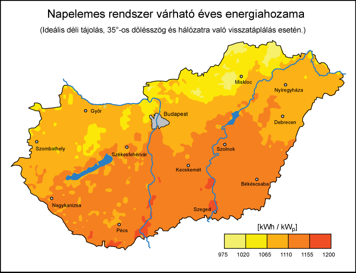 9. ábra 1 kwp névleges teljesítményű napelemes rendszerrel hasznosítható villamos energia éves mennyisége Magyarországon A napelemekkel hasznosítható villamos energia mennyisége természetesen függ a