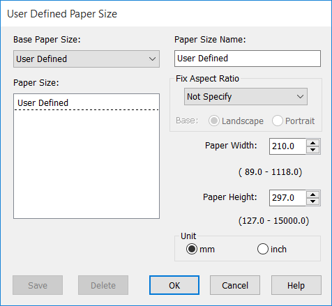 Nyomtatási lehetőségek Ha a hossz és a szélesség aránya ugyanaz mint egy definiált papírméreté, akkor válassza a definiált papírméretet a Fix Aspect Ratio (Rögzített képarány) lehetőségből, és a