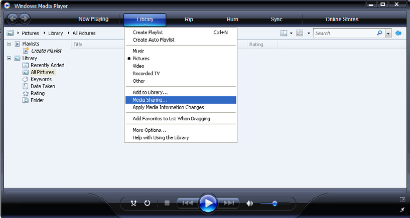 Windows Media Player v11 Windows XP rendszeren Hálózati megosztás beállítása A Windows Media Player alkalmazásban válassza a menüből a Library (Könyvtár), majd a Media sharing