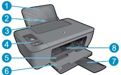 2 Ismerkedés a HP Deskjet 2510 készülékkel A nyomtató részei A kezelőpanel jellemzői Állapotjelző fények A nyomtató részei 1 Adagolótálca 2 Adagolótálca védőeleme 3 Az adagolótálca