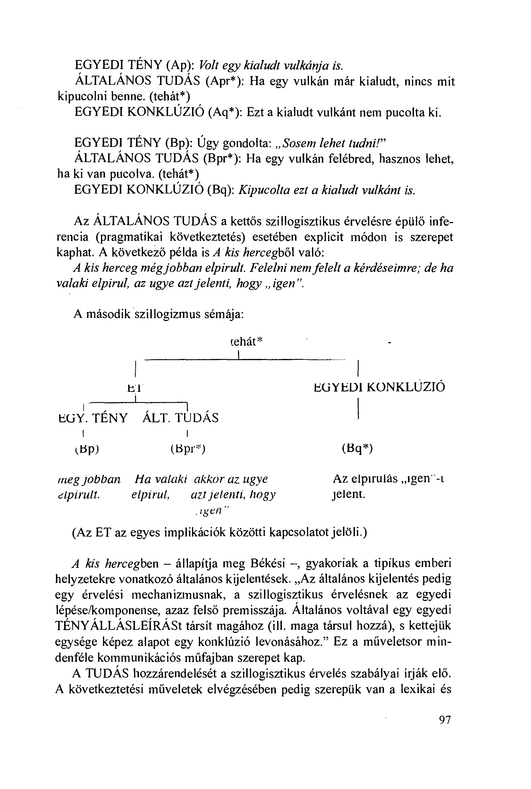 EGYEDI TÉNY (Ap): Volt egy kialudt vulkánja is. ÁLTALÁNOS TUDAS (Apr*): Ha egy vulkán már kialudt, nincs mit kipucolni benne. (tehát*) EGYEDI KONKLÚZIÓ (Aq*): Ezt a kialudt vulkánt nem pucolta ki.