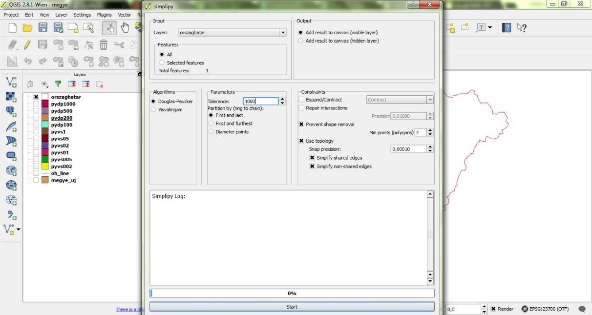 3. ábra: A SimpliPy plugin kezelőfelülete Douglas Peucker-algoritmus Az algoritmus célja a törött vonalból álló vonalas vagy felületi objektumok egyszerűsítése a töréspontok csökkentésével úgy, hogy
