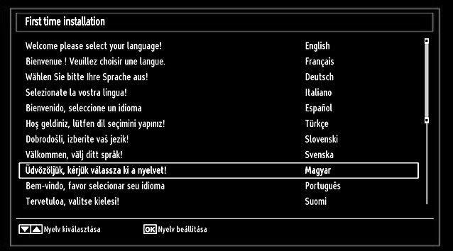 Első beüzemelés FONTOS: Az antennát csatlakoztassa, mielőtt a TV készüléket bekapcsolja az első beállításhoz. A TV első beüzemelésekor a telepítési varázsló ad útmutatást a folyamatban.