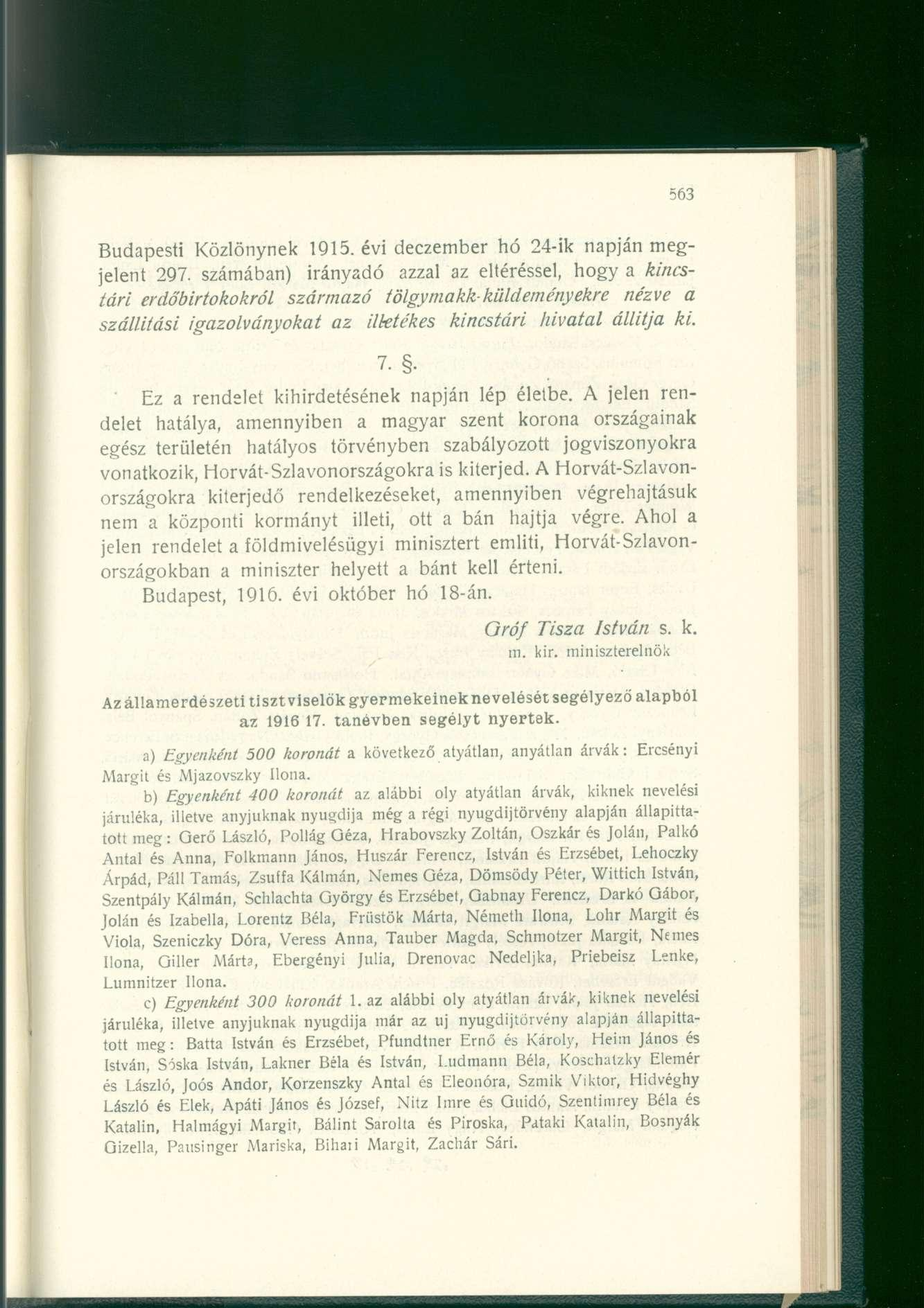 Budapesti Közlönynek 1915. évi deczember hó 24-ik napján megjelent 297.