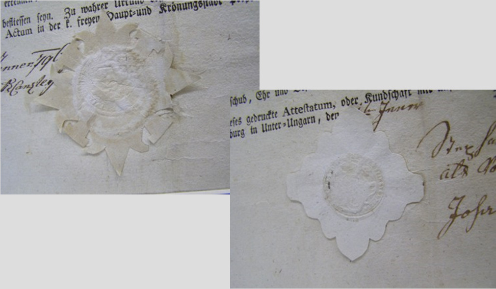A szöveges rész alatt két felragasztott vakpecséttel, aláírásokkal. A kinevezés helye és ideje: Pozsony, 1796. január 11. A metsző Assner Leopolf (Lipót).