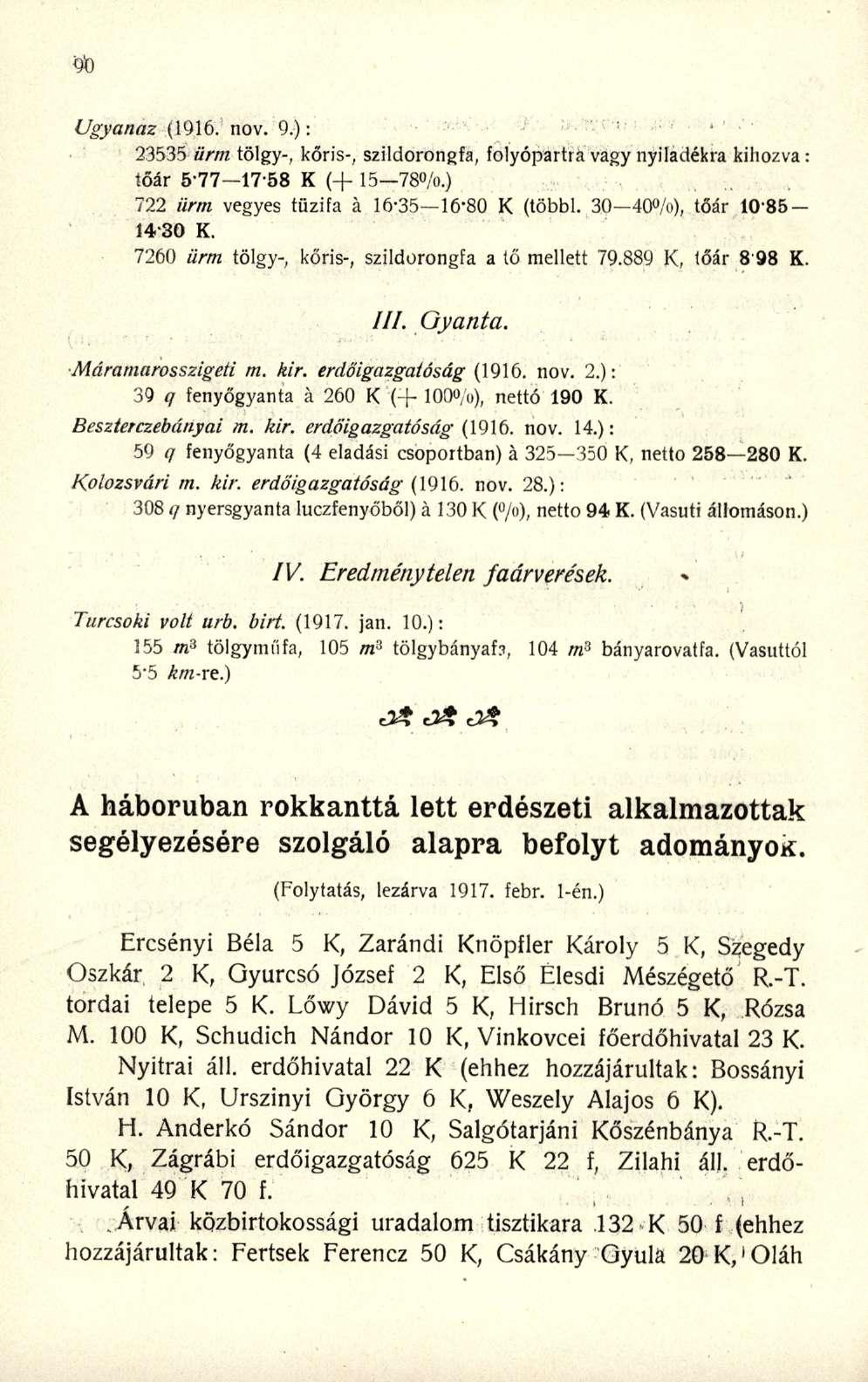 Ugyanaz (1916. nov. 9.): 23535 ürm tölgy-, kőris-, szildorongfa, folyópartra vagy nyiladékra kihozva: tőár 5-77-17-5 8 K (+ 15 78%.) 722 ürm vegyes tűzifa á 16-35 16-80 K (többi.