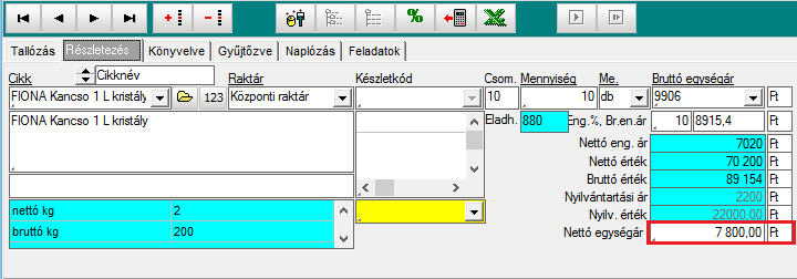 Itt is igaz az, hogy akár a bruttó egységárat változtatjuk meg, akár az engedmény %-os értékét, akár a bruttó engedményes árat, vagy a nettó egységárat,