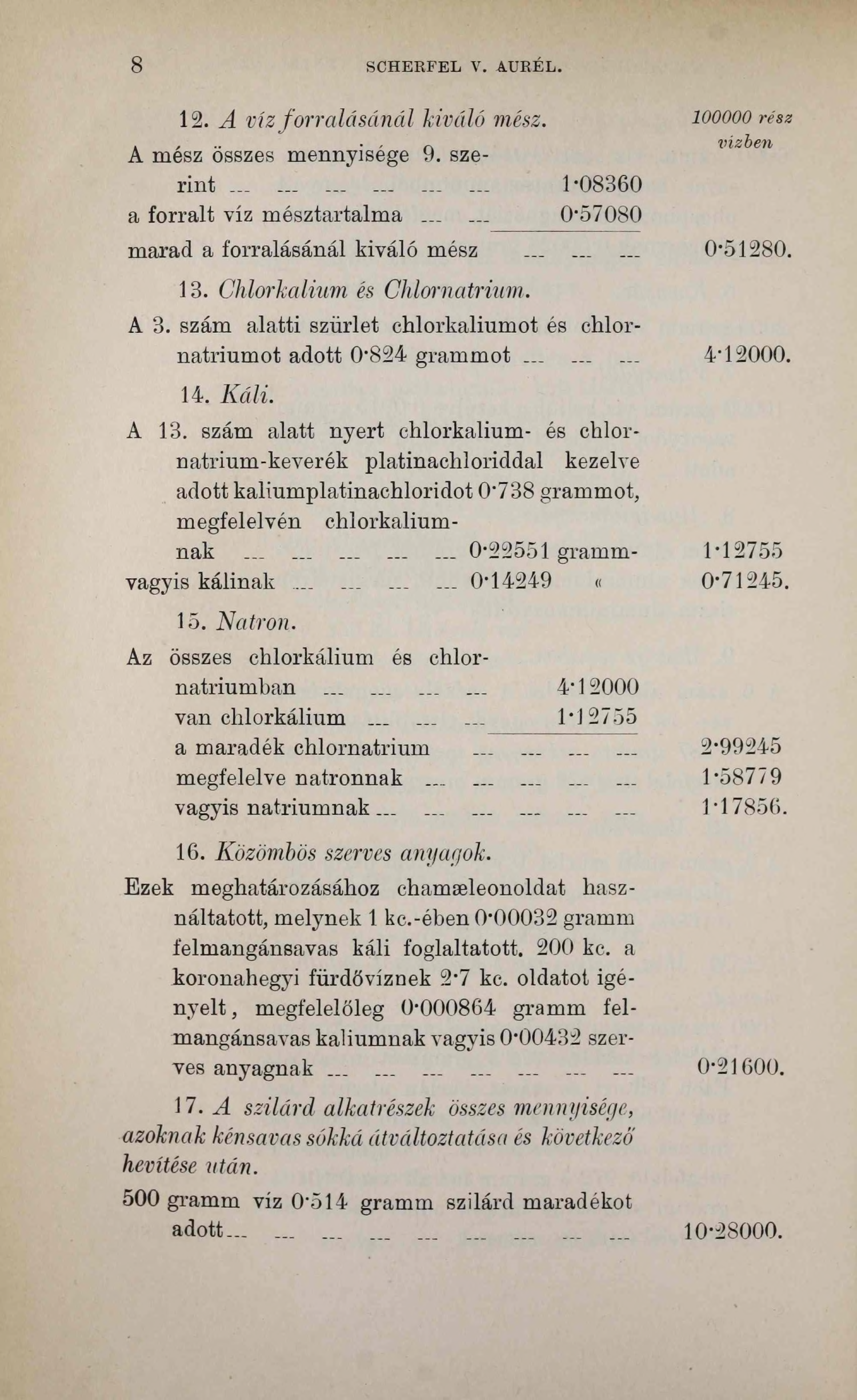 8 SCHERFEL V. AURÉL. 12. A víz forralásánál kiváló mész. A mész összes mennyisége 9. szerint.................. 1*08360 a forralt víz mésztartalma...... 0*57080 marad a forralásánál kiváló mész 13.