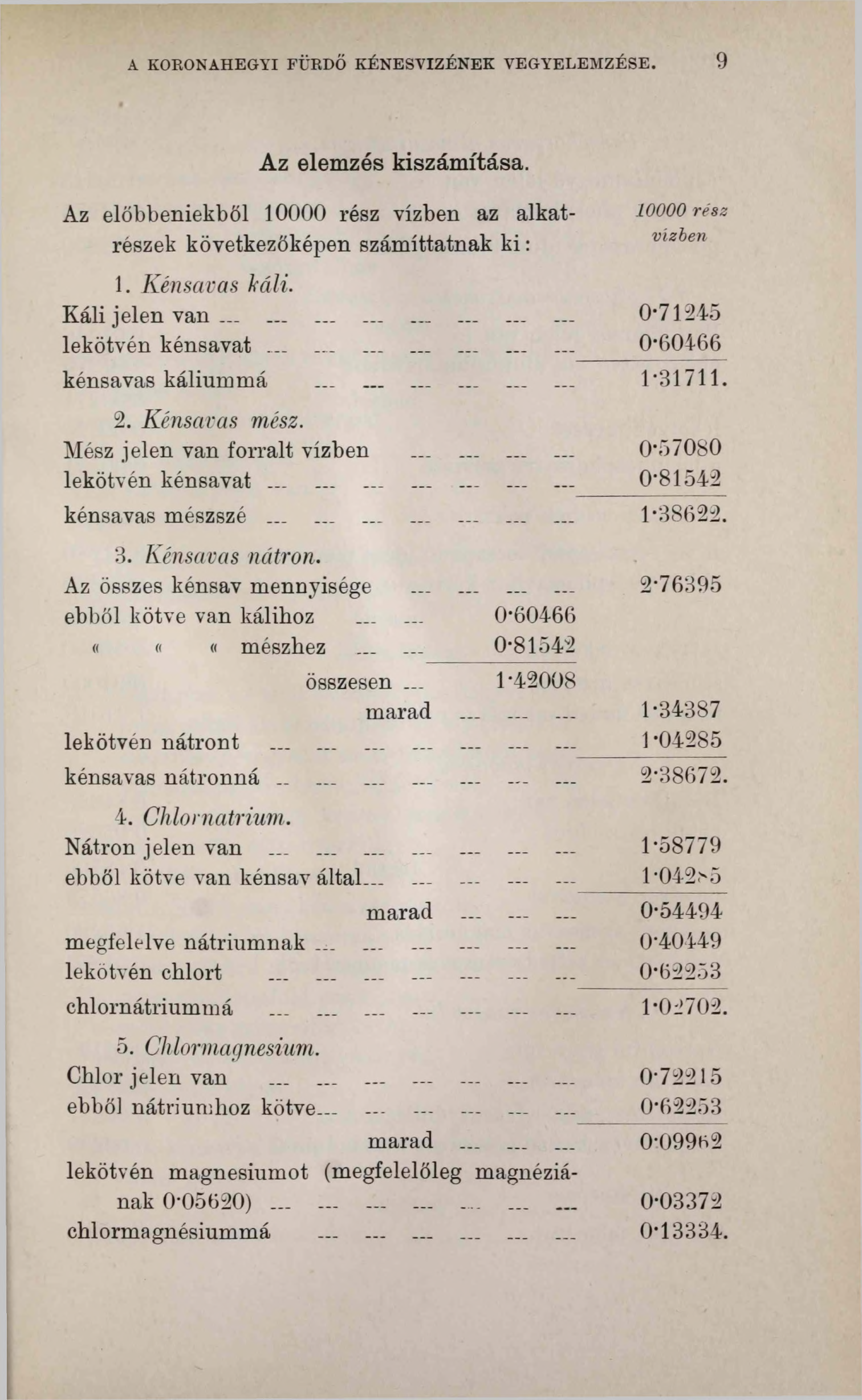 A KORONAHEGYI FÜRDŐ KÉNESVIZÉNEK VEGYELEMZÉSE. 9 Az elemzés kiszámítása. Az előbbeniekből 10000 rész vízben az alkatrészek következőképen számíttatnak ki : 1. Kénsavas káli. Káli jelen van.