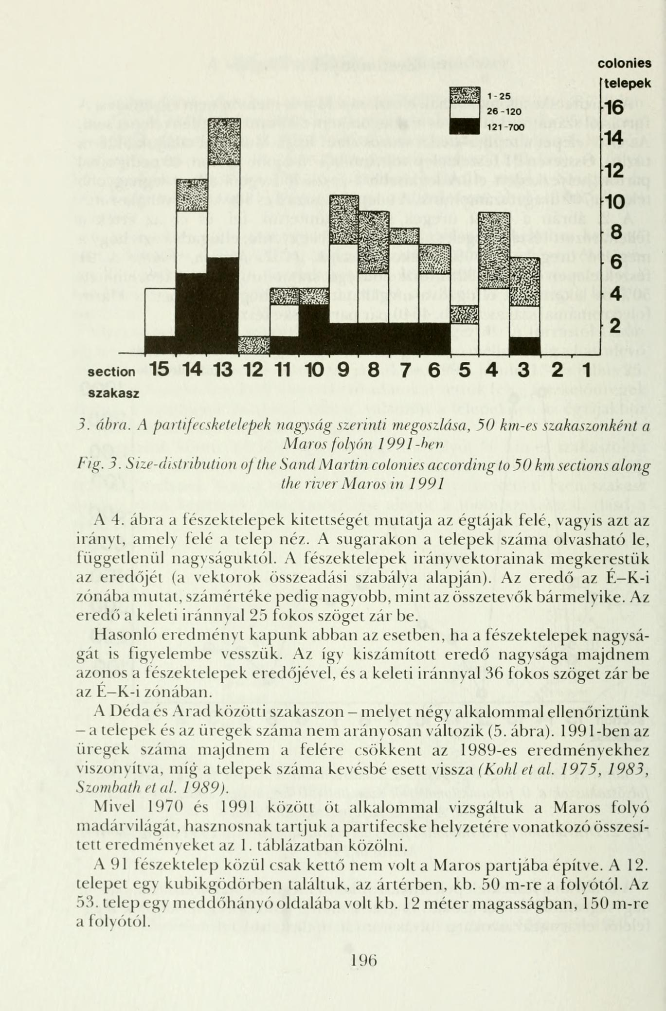 section 15 14 13 12 11 10 9 8 7 6 5 4 3 2 1 szakasz 3. ábra. A partifecsketelepek nagyság szerinti megoszlása, 50 km-es szakaszonként a Maros folyón 1991 -ben Fig. 3. Size-distribution oj the Sand Martin colonies according to 50 km sections along the river Maros in 1991 A 4.
