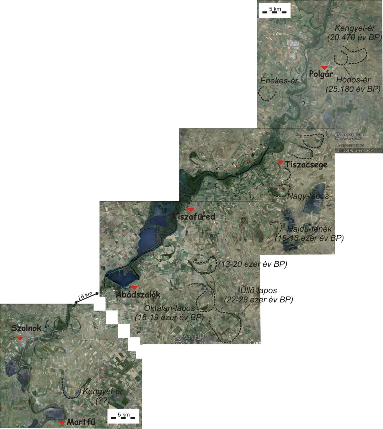3. NEGYEDIDŐSZAKI VÍZRAJZ 3.5. ábra. Az Ős-Bodroghoz köthető felszíni óriás meandernyomok és kalibrálatlan 14 C BP korok (Gábris et al. 2001, Tímár et al. 2005, Kasse et al.