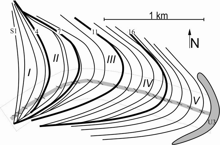 5. EREDMÉNYEK: MARTFŰ A meander kialakulása az új meder bevágódásával kezdődik (S1), majd a meder stabilizálódása után az 1 4-es felületek mentén folyamatosan vándorol kelet felé.