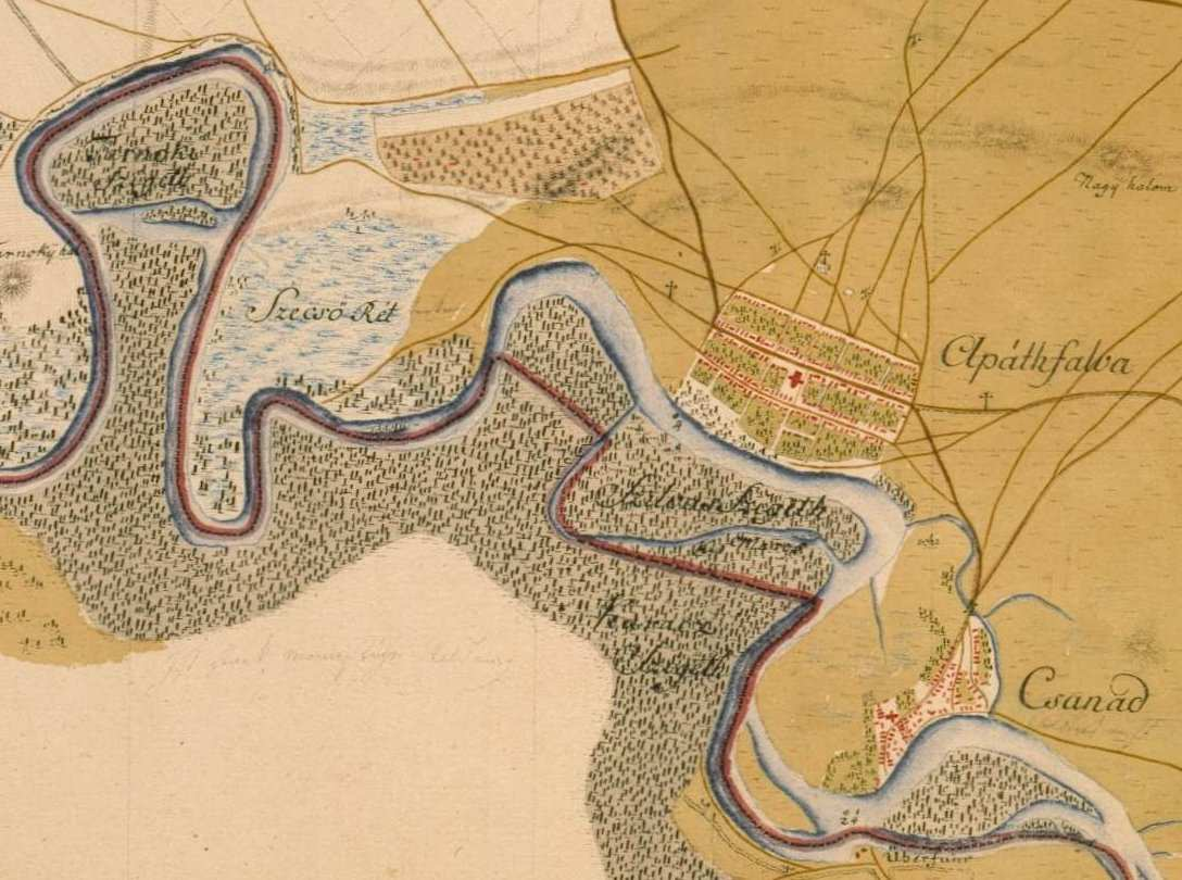 3.3. ábra: Apátfalva és környéke, valamint a Maros elágazó, zátonyokkal és szigetekkel tagolt medre az I. katonai térképezés idején (Col.:20 Sec.