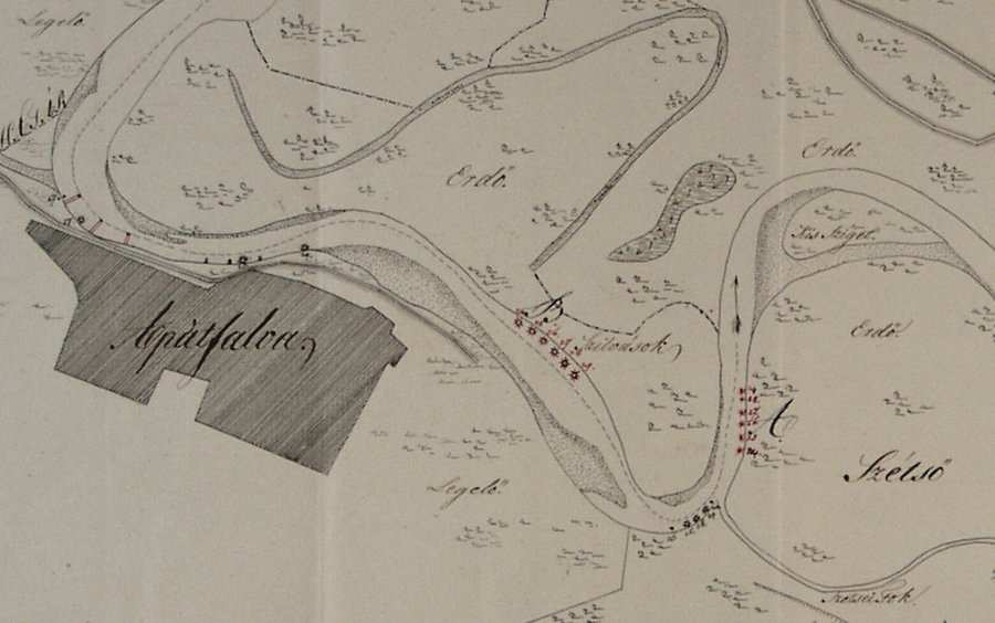 3.4. ábra: A Maros és ártere Apátfalvánál 1847-ben tulajdonban marad az ártéri legelı, a Porond Magyarcsanád határától a Tárnok-szigetig és a mintaterületemen ekkor feltüntetett Disznójárás,